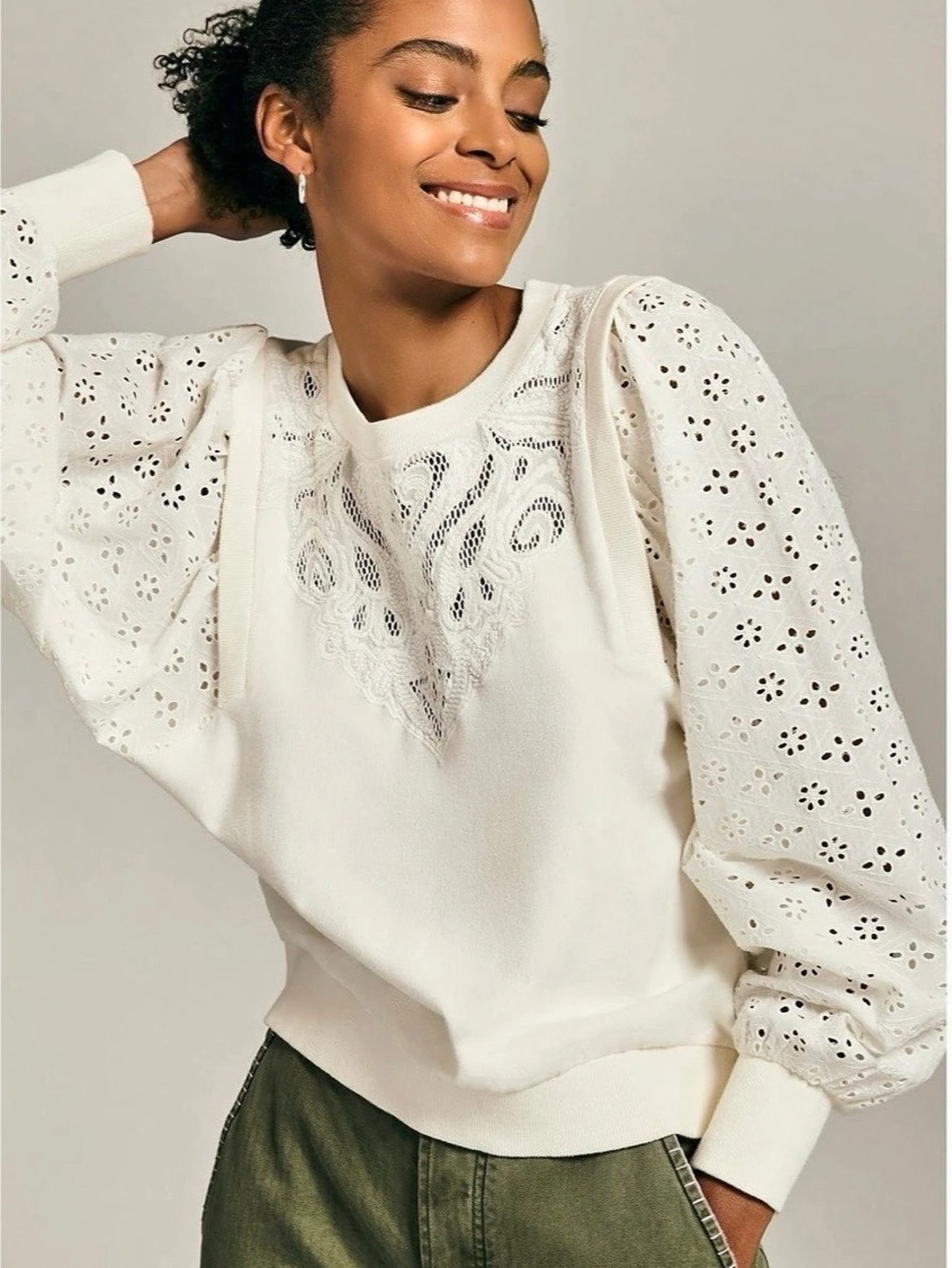 Pilcro by Anthropologie Washed Eyelet Sweatshirt with Long Puff Sleeves